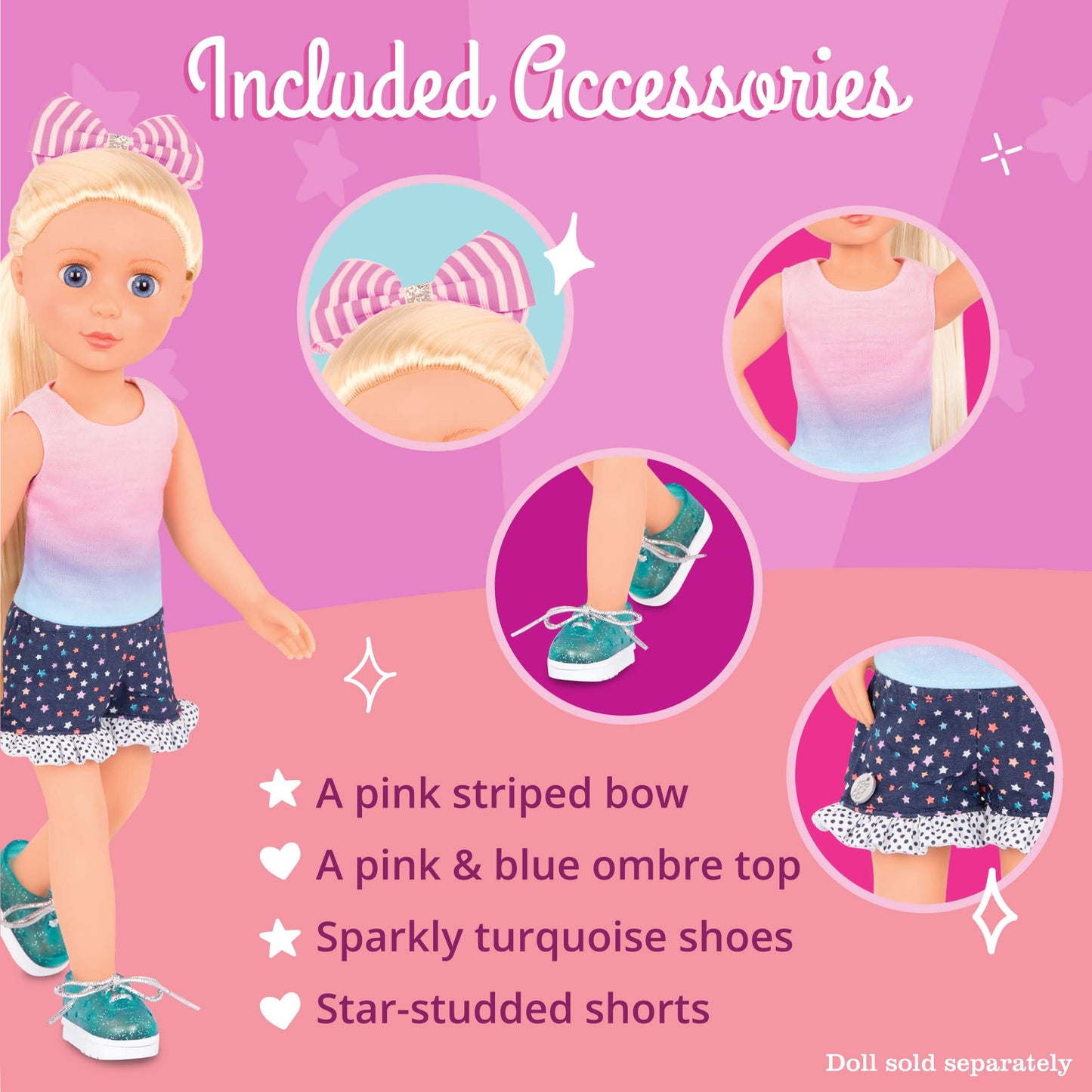 Glitter Girls 14" Doll Clothes 4-Piece Starry Outfit – Colorful Top, Polka Dot Shorts, Glitter Shoes & Hair Bow, 3+ Years
