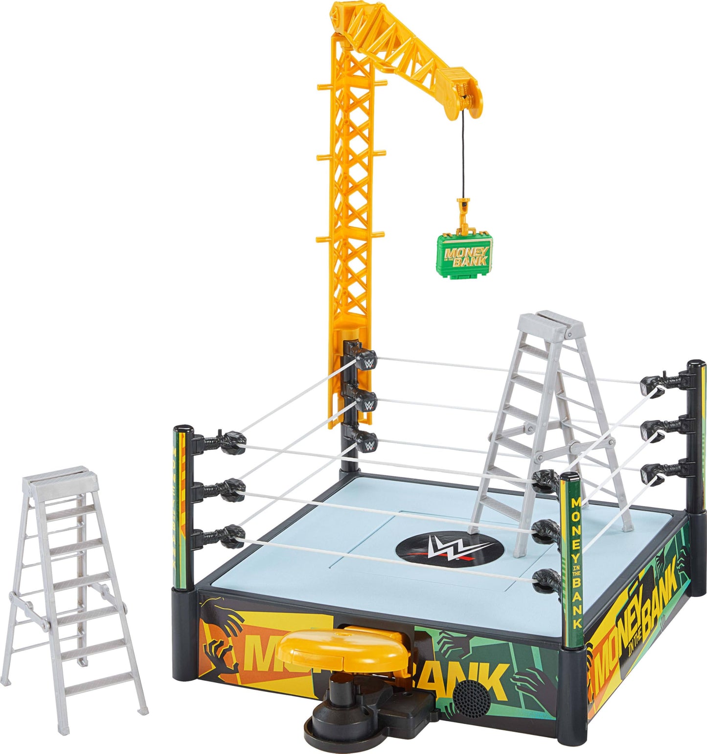 Mattel WWE Money in The Bank Cash-in Ring Playset with 2 Modes, 40+ Sounds & Phrases, Ladders, Briefcase & Launcher Crane, 13"x20"