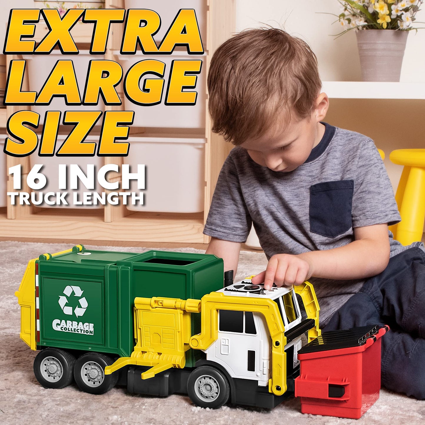 JOYIN Large Friction Garbage Truck Toy Set with Dumpster, Trash Bins & Learning Cards – Toddler Boys & Girls Birthday & Christmas Gift