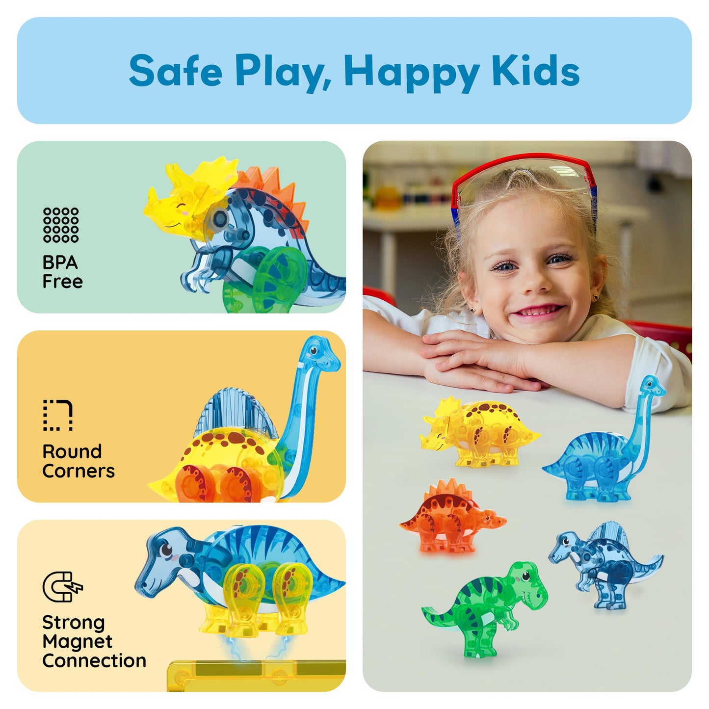 PicassoTiles Dinosaur Magnetic Tile Accessory Set – Mix & Match Dino Parts for STEM Building, Creative Pretend Play Toy for Kids 3+