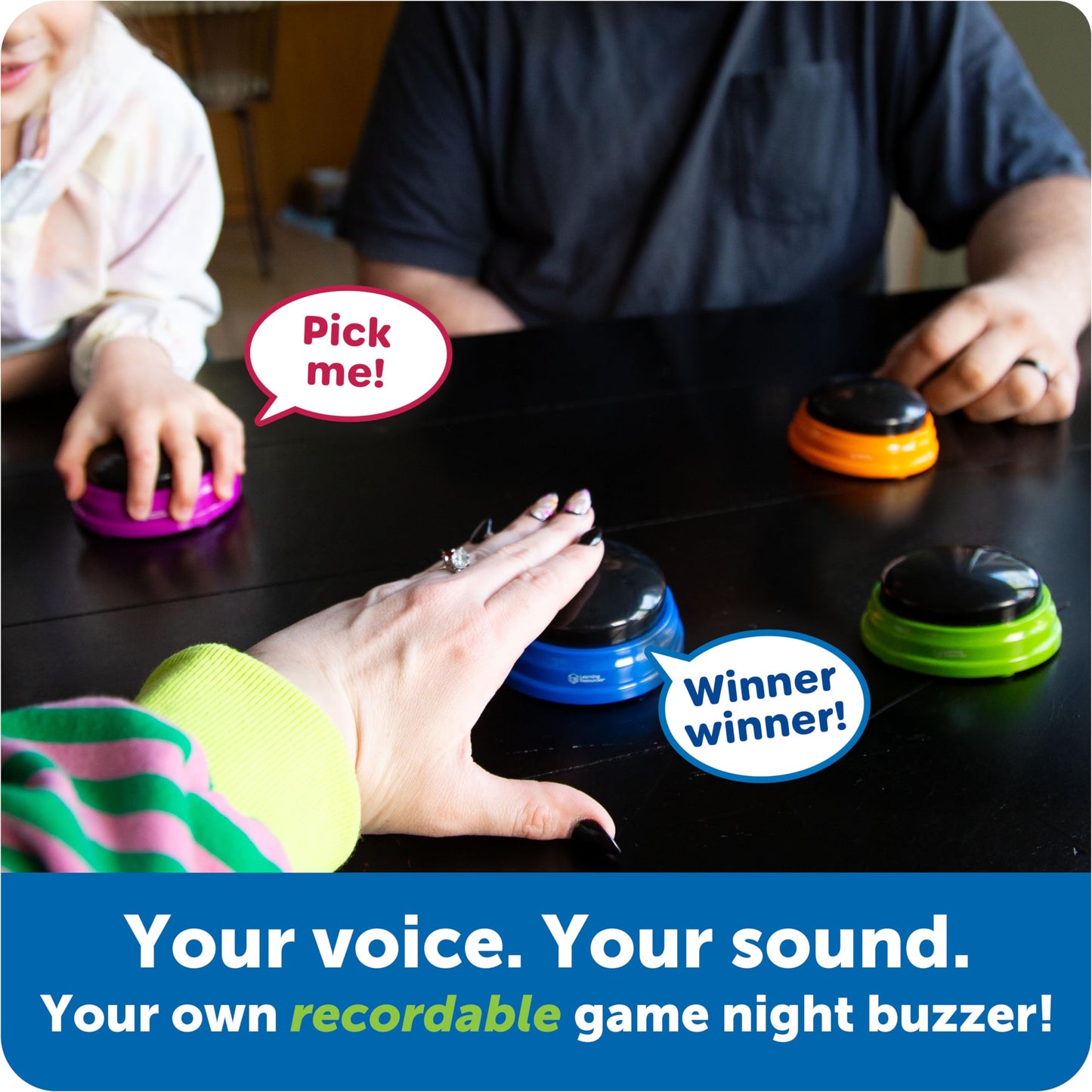 Learning Resources Recordable Answer Buzzers, Set of 4, Ages 3+ | Personalized Sound Buttons for Games, Trivia, Family Fun