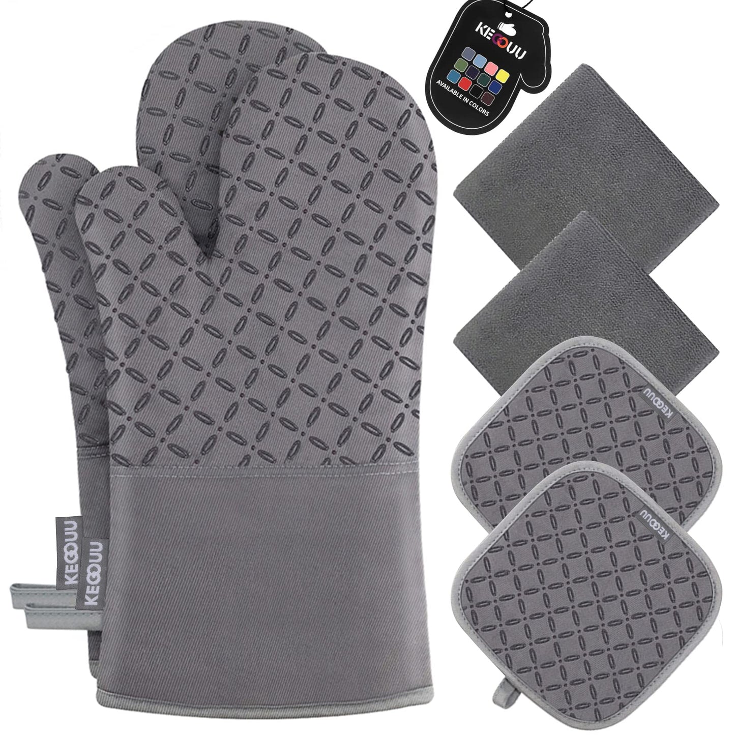 KEGOUU 6-Piece Oven Mitt & Pot Holder Set – 500°F Heat Resistant, Extra Long, Non-Slip Silicone for Cooking, Grey