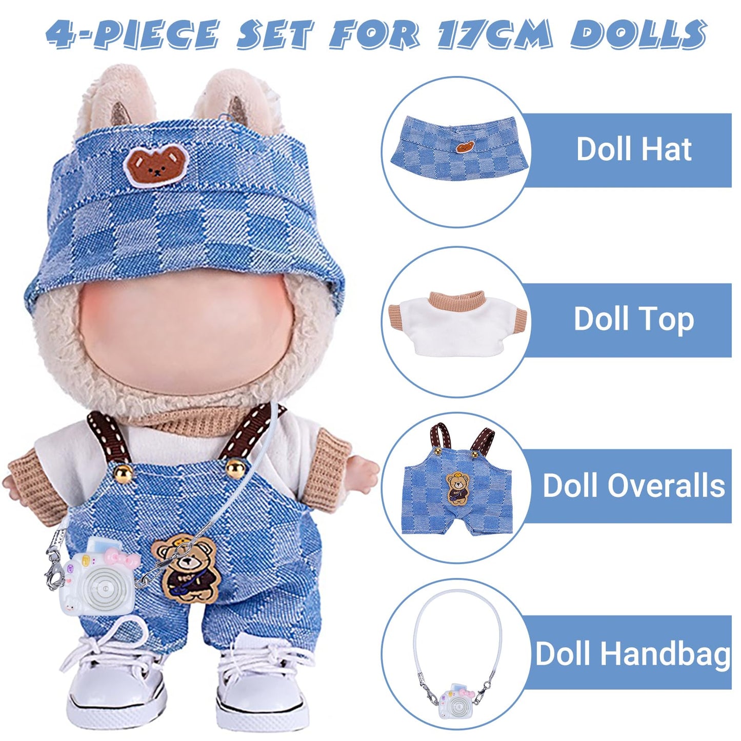 4pcs Handcrafted Doll Clothes for 15-17cm Labubu Dolls – Cute Blue Overalls Outfit Set, Stylish Accessories for Boys & Girls AK053BL
