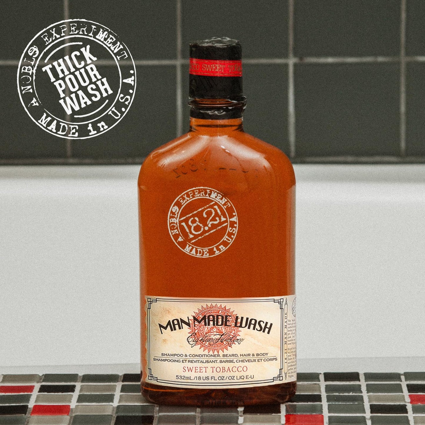 18.21 Man Made 3-in-1 Body Wash, Shampoo & Conditioner for Men – Sweet Tobacco Scent, Strengthens & Moisturizes Hair & Skin, 18 Fl Oz