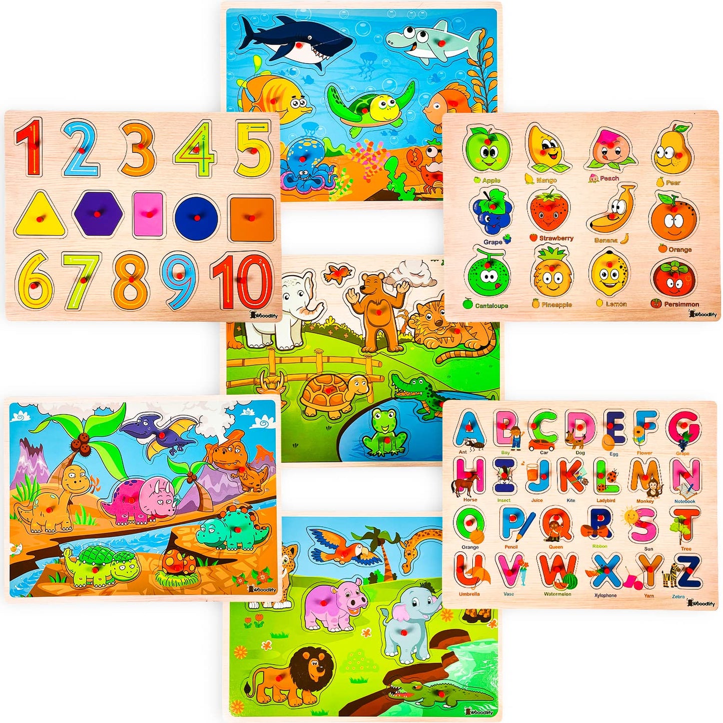 7-Pack Wooden Puzzles for Toddlers Ages 2-5 – Colorful Chunky Peg Puzzles with Alphabet, Numbers, Animals & Shapes, Educational Learning Toys