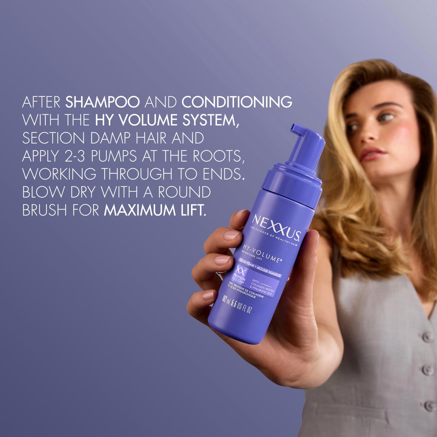 Nexxus Hy-Volume Weightless Lift Cloud Foam Treatment for Flat & Limp Hair, 48 Hours Volume, ProteinFusion with Collagen & Hyaluronic Acid, 5.5 fl oz