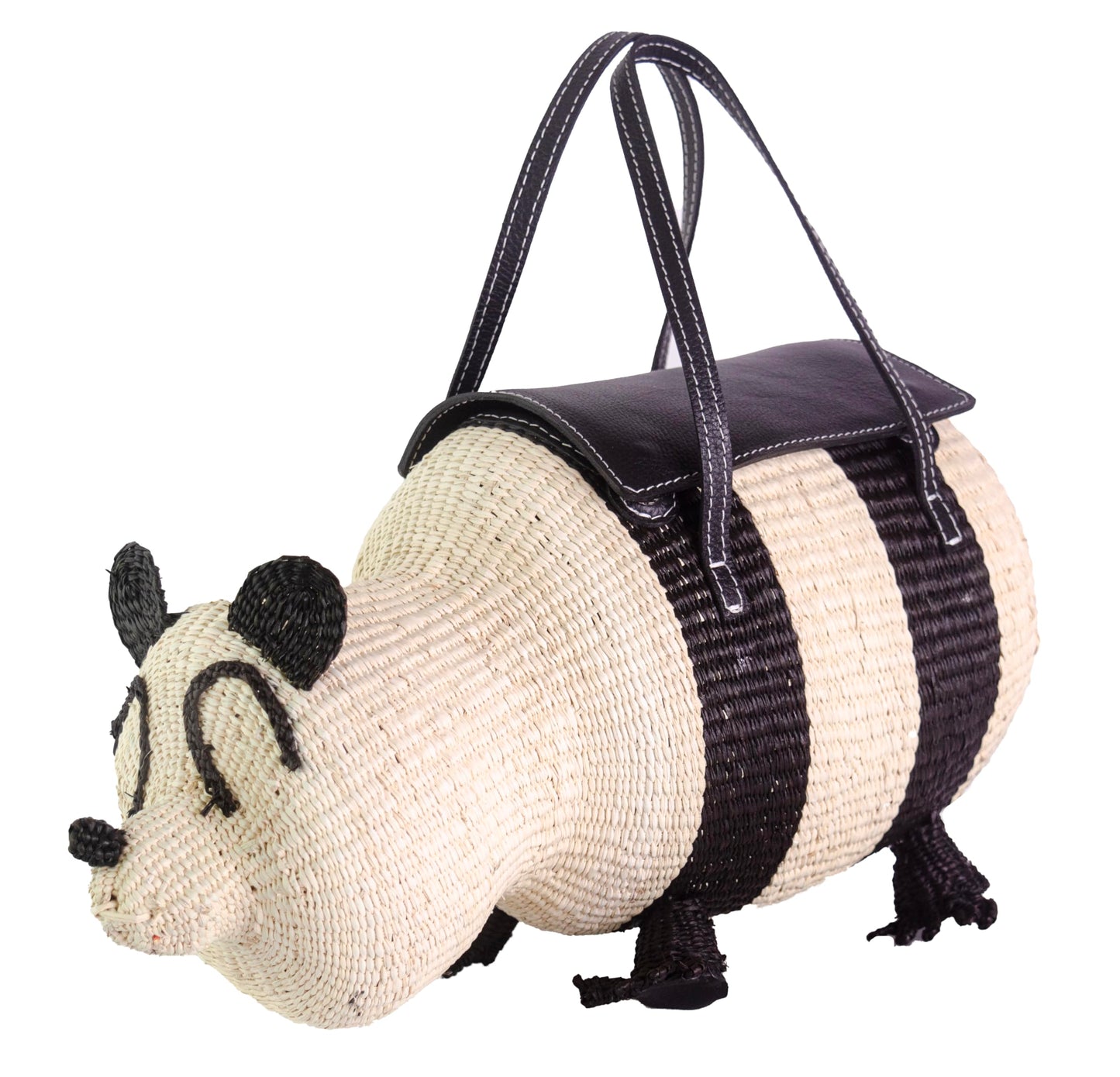 Sensi Studio, Panda Handbag, Unique, Natural-Black Straw/Black Leather Handles