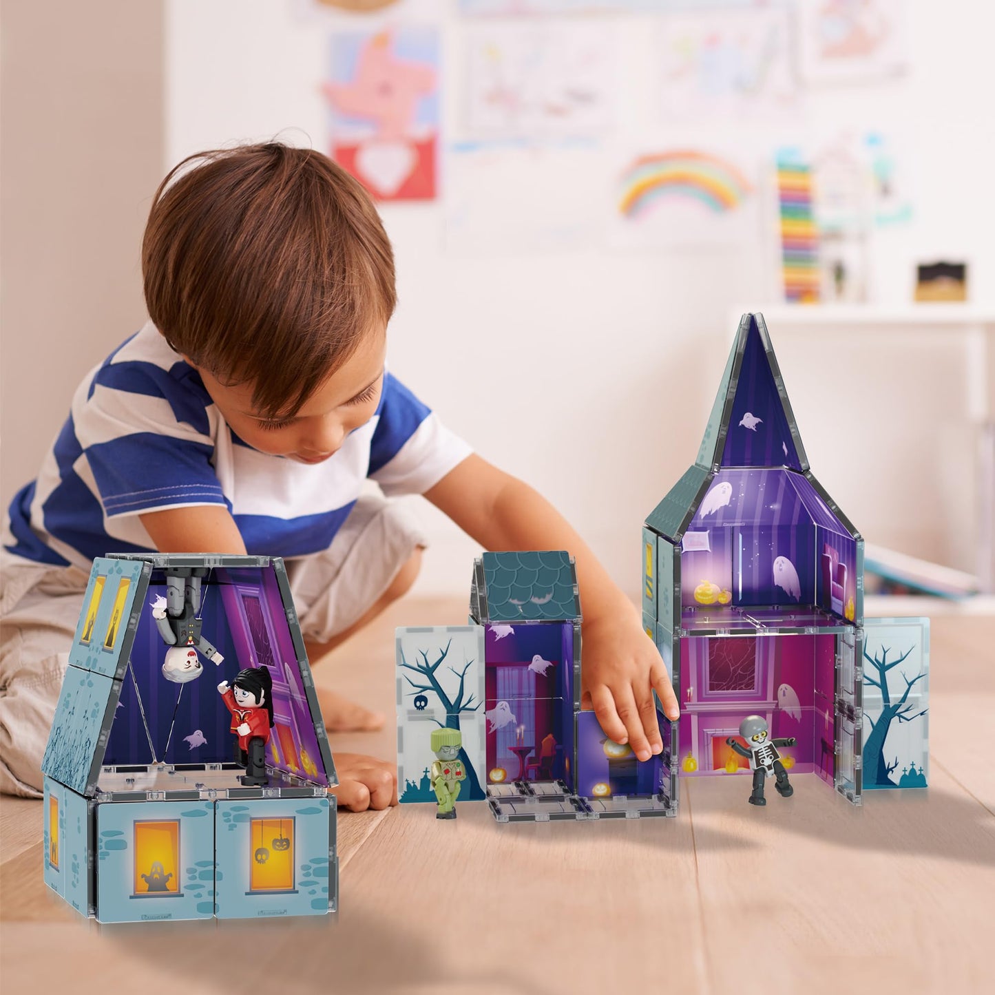 PicassoTiles Haunted House Magnetic Building Set with 8 Figures, Double-Sided Tiles, STEM Learning Toy for Kids 3+, Halloween Playset