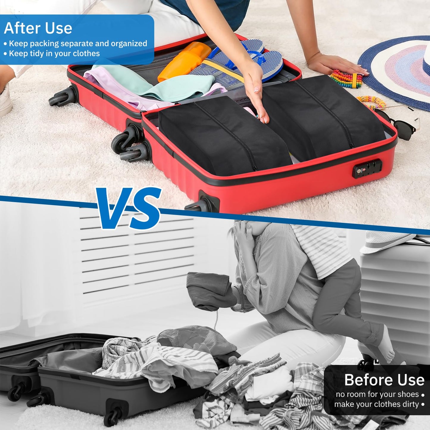 MISSLO Portable Nylon Travel Shoe Bags with Zipper Closure (Pack 4, Black)