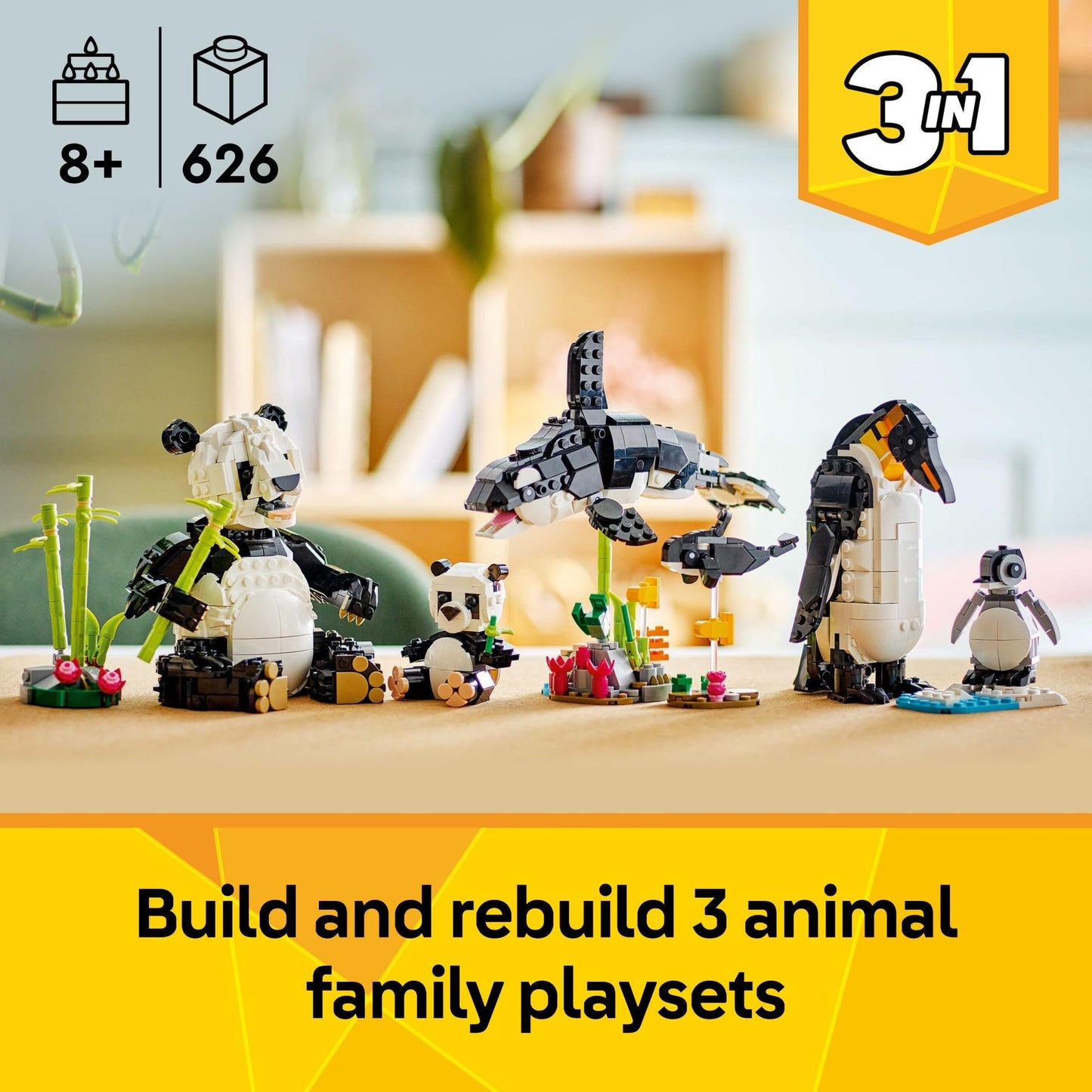 LEGO Creator 3-in-1 Wild Animals Panda Family Building Set – Build Panda, Penguin or Orca – Fun STEM Toy for Kids Ages 8+, 31165