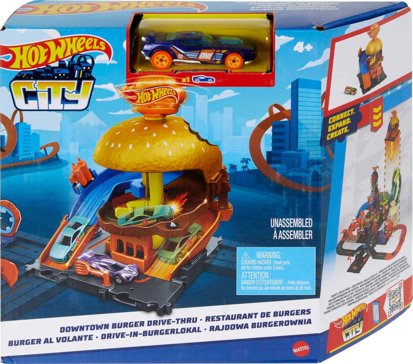 Hot Wheels City Burger Drive-Thru Playset with 1 Vehicle, Connects to Other Playsets & Tracks, Gift for Kids Ages 4 to 8 Years Old