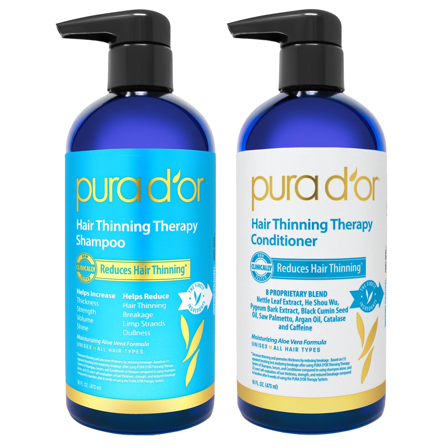 PURA D'OR Biotin Shampoo & Conditioner Set for Thinning Hair, Clinically Tested Thickening Formula, Natural, Color-Safe, 16oz Each