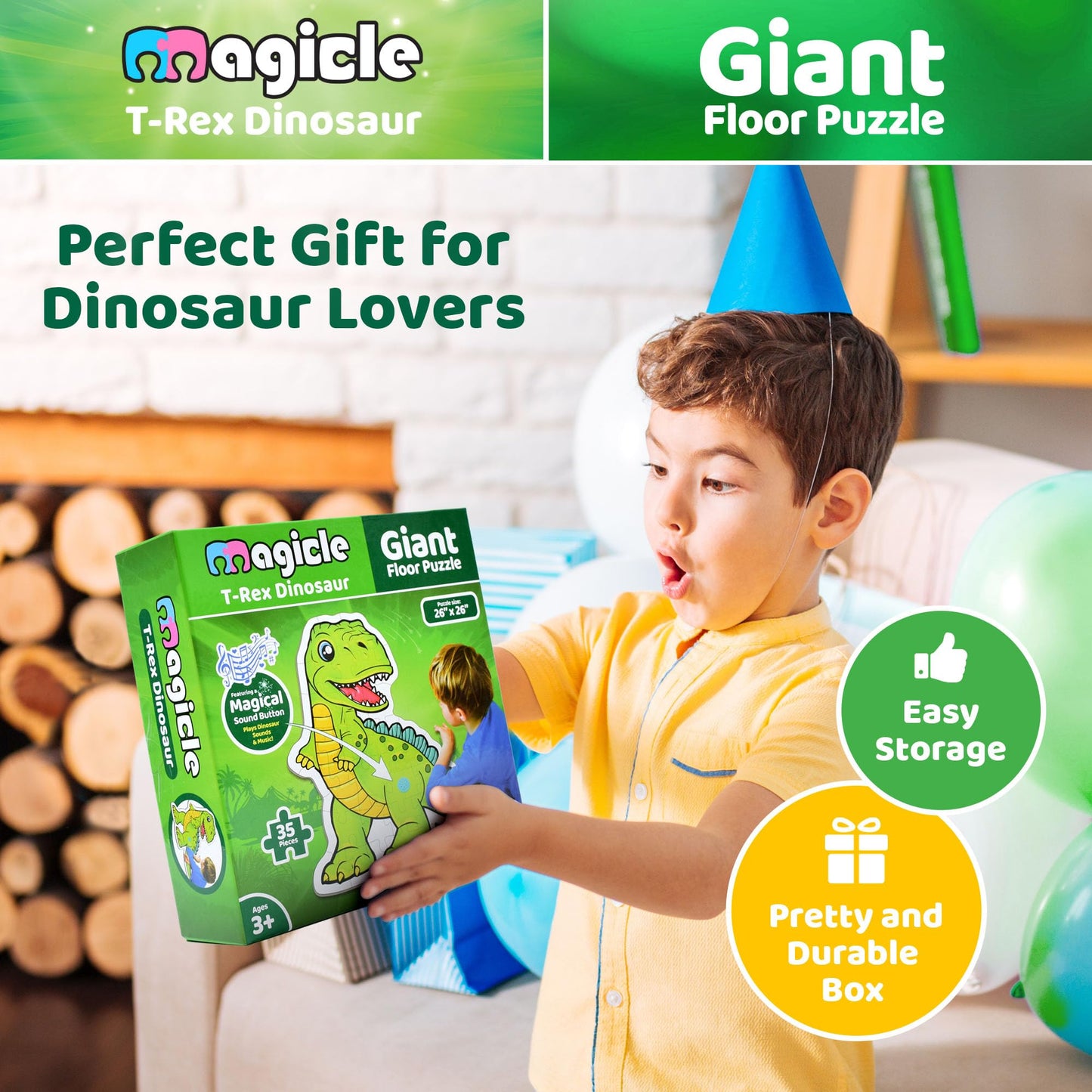 Dinosaur Giant Floor Puzzle with Sounds – 35 Extra-Thick Pieces, Educational Puzzle Toy for Kids Ages 3-8, Fun Dinosaur Gift for Boys & Girls