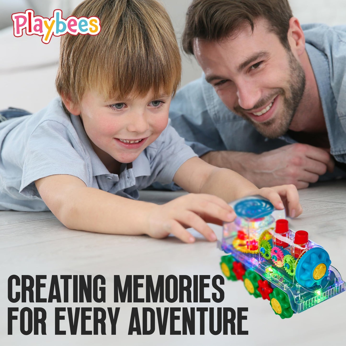 Playbees Light-Up Train Toy for Kids | Transparent Gear Cars, Flashing Lights, Music & Educational Crawling Fun, Battery Operated Birthday Gift