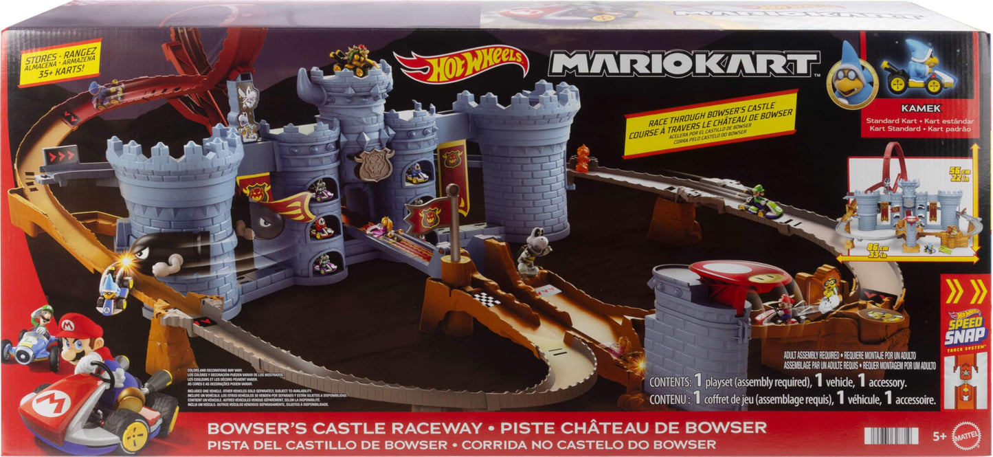 Hot Wheels Toy Car Track Set, Mario Kart Bowser’s Castle Playset & 1:64 Scale Die-Cast Kamek, Interactive Play, with Storage for 30+ Vehicles