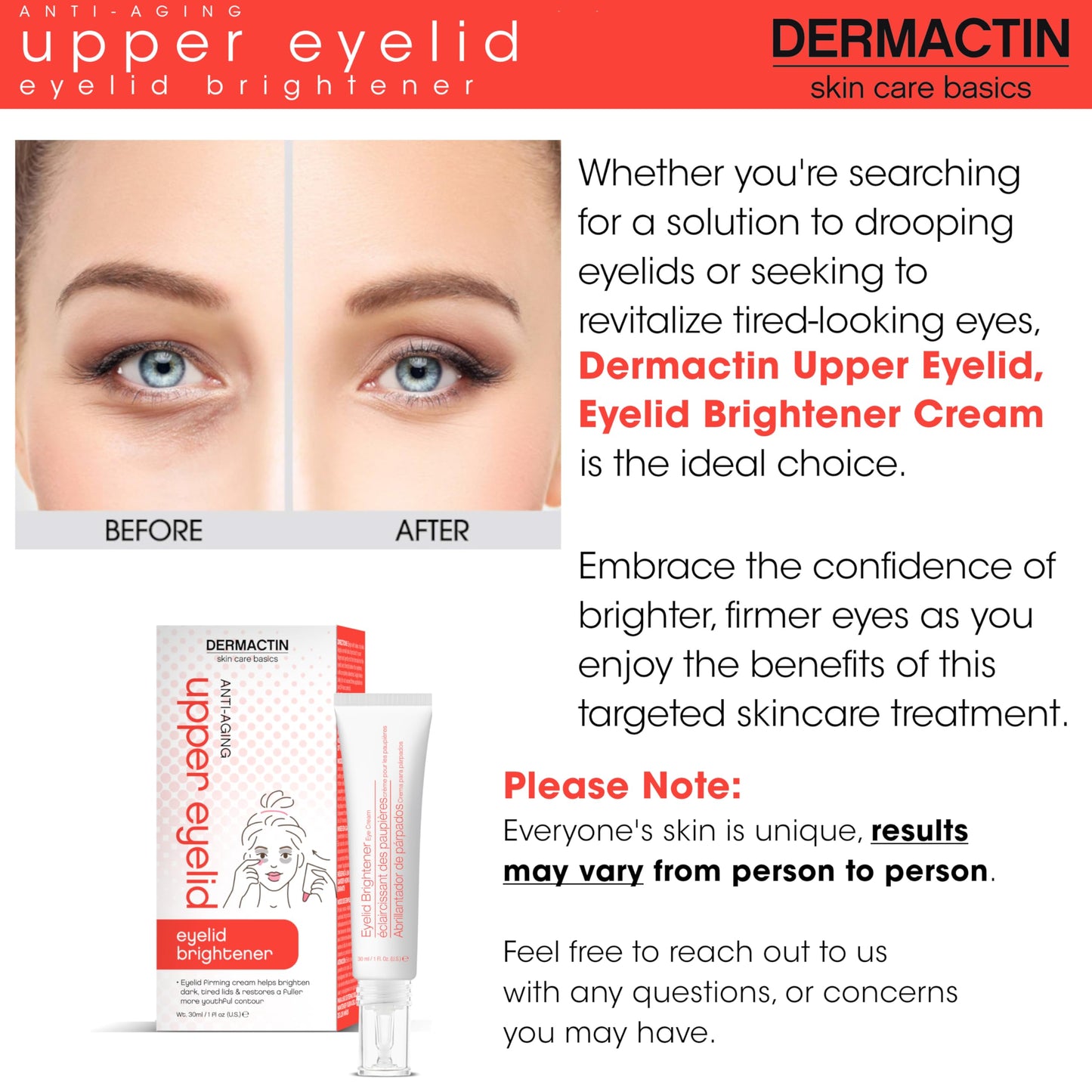Dermactin Upper Eyelid Cream 1 oz – Firms & Tones Sagging Lids, Reduces Droop, Brightens Eyes, Gentle for Sensitive Skin
