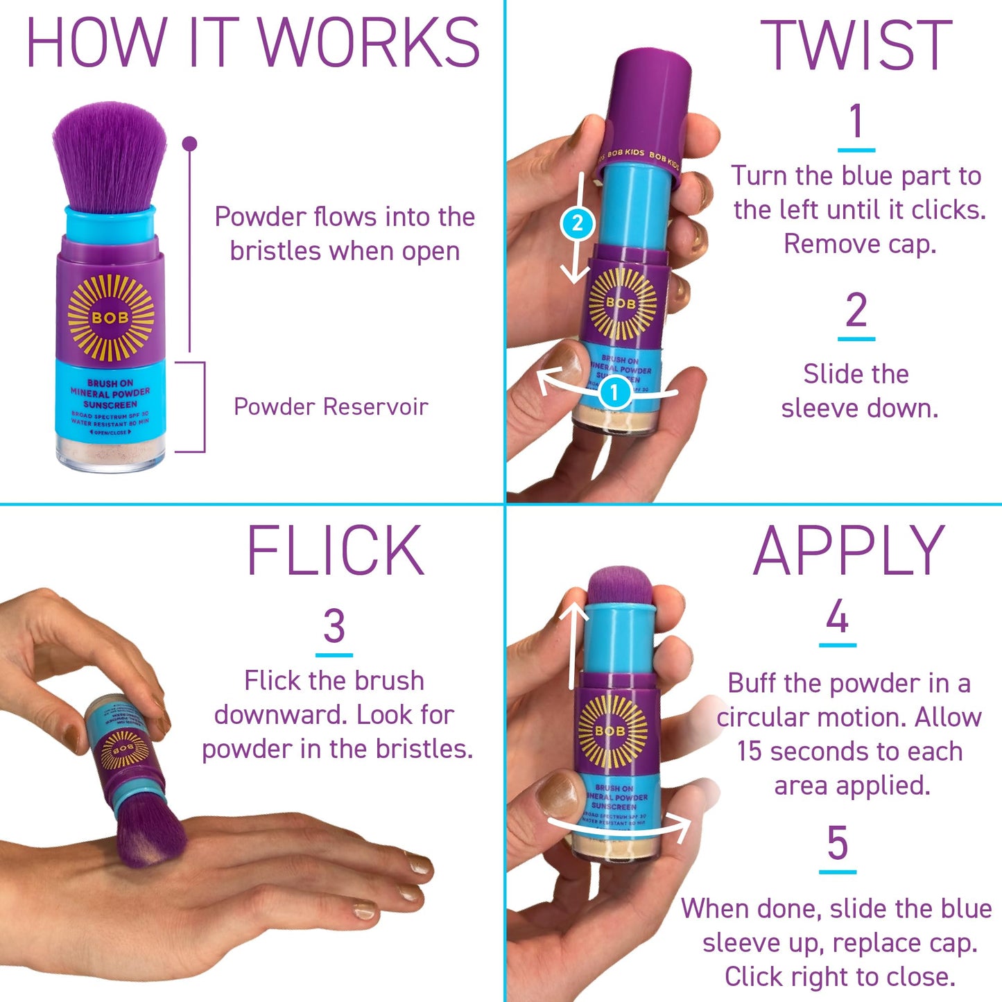 BOB KIDS SPF 30 Brush-On Mineral Sunscreen for Kids & Babies – Broad Spectrum, Water Resistant 80 Min, Fragrance-Free, Made in USA