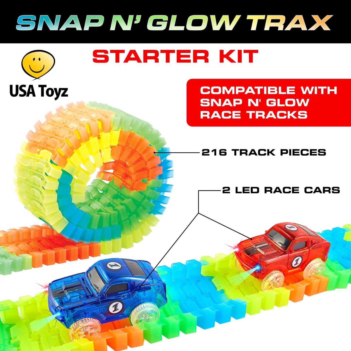 USA Toyz Glow Tracks Starter Kit – 216pc Bendable Glow-in-the-Dark Rainbow Race Track with 2 LED Cars, STEM Toy for Kids