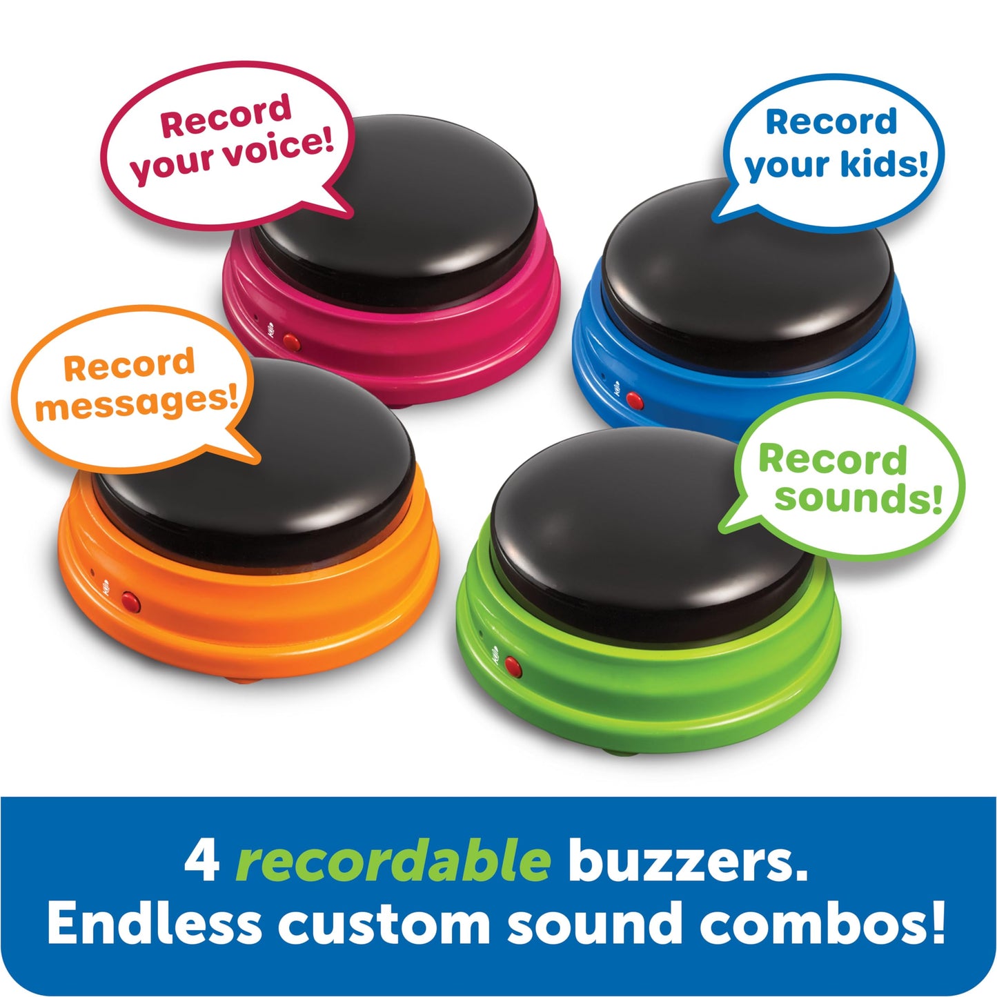 Learning Resources Recordable Answer Buzzers, Set of 4, Ages 3+ | Personalized Sound Buttons for Games, Trivia, Family Fun
