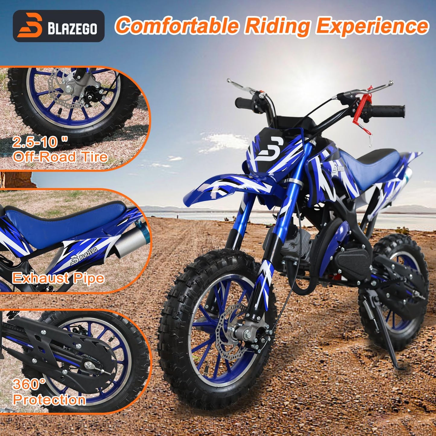 BLAZEGO 49cc Gas-Powered Kids Dirt Bike, 2-Stroke Mini Motorcycle with Off-Road Tires, Disc Brakes, Shock Absorption & Soft Seat, Ages 8-14, Blue