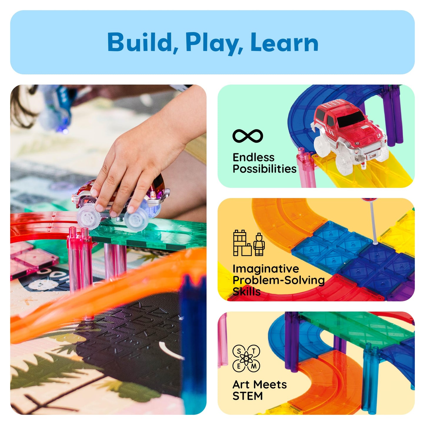 PicassoTiles Magnetic Tiles Race Track Playset with 2 Racing Trucks – STEM Building Blocks Toy for Toddlers, Boys & Girls 3+ PTR30