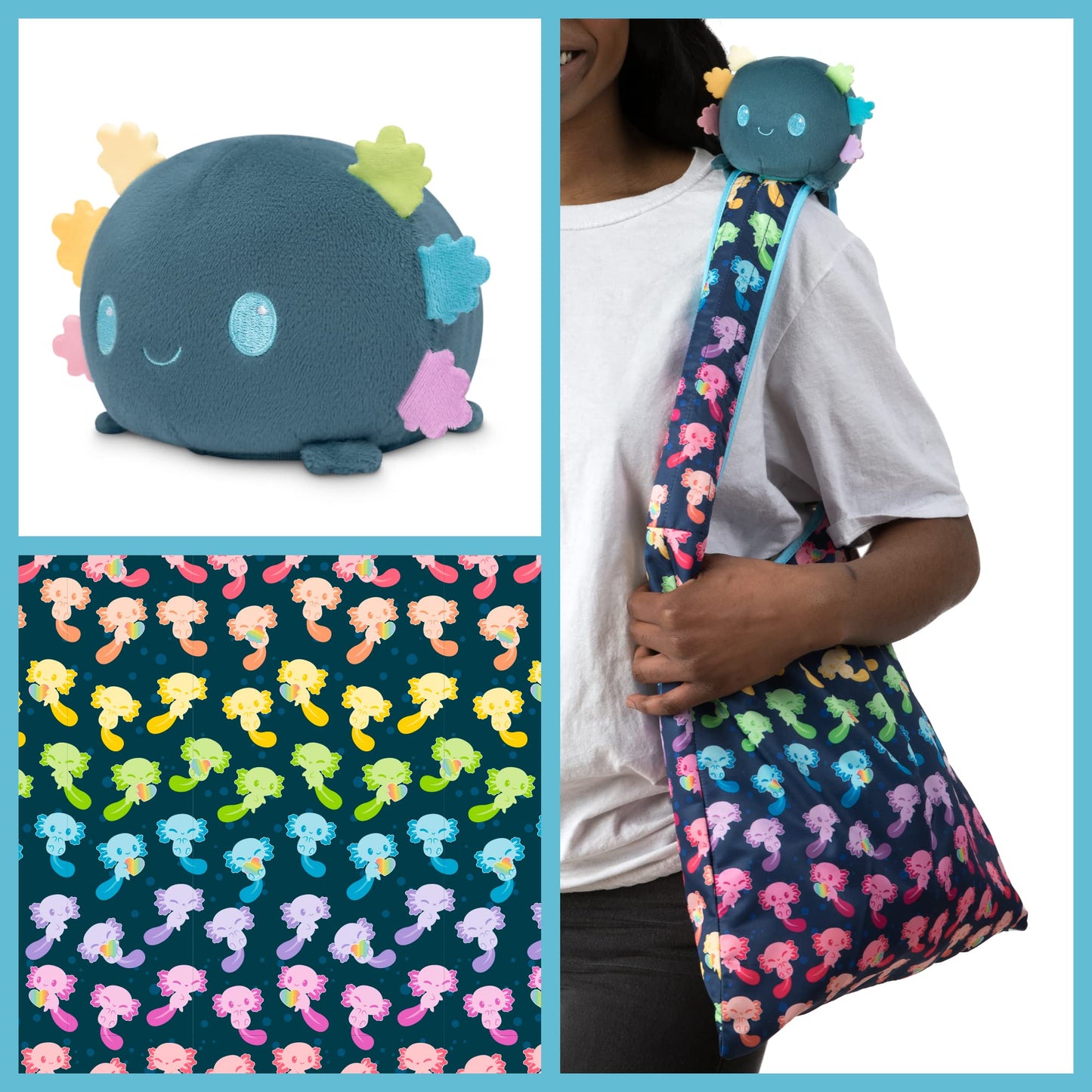 TeeTurtle Plushie Tote Bag – Blue & Rainbow Axolotl | From Makers of Reversible Octopus – Carry Your Plush Friend Anywhere!
