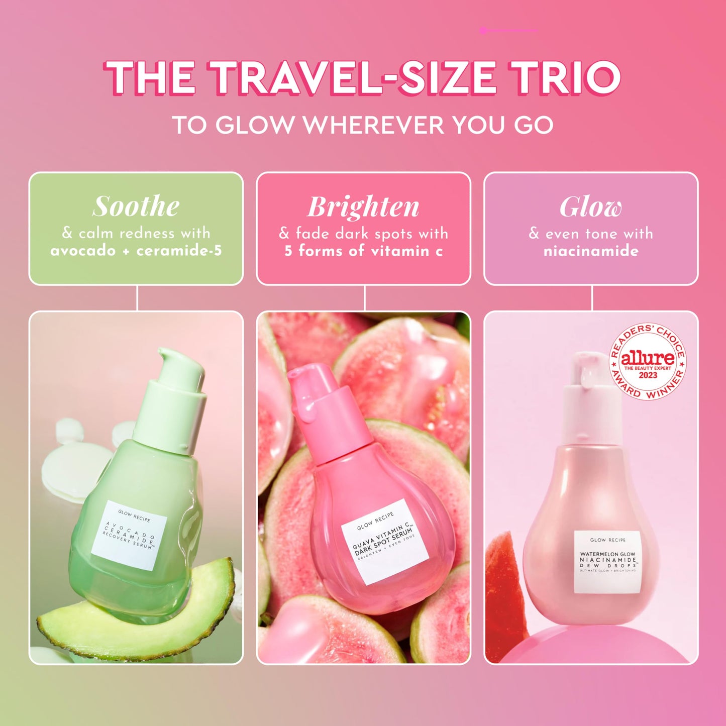 Glow Recipe Soothe, Glow & Bright 3-Piece Gift Set – Niacinamide Primer, Avocado Ceramide Serum & Guava Dark Spot Serum