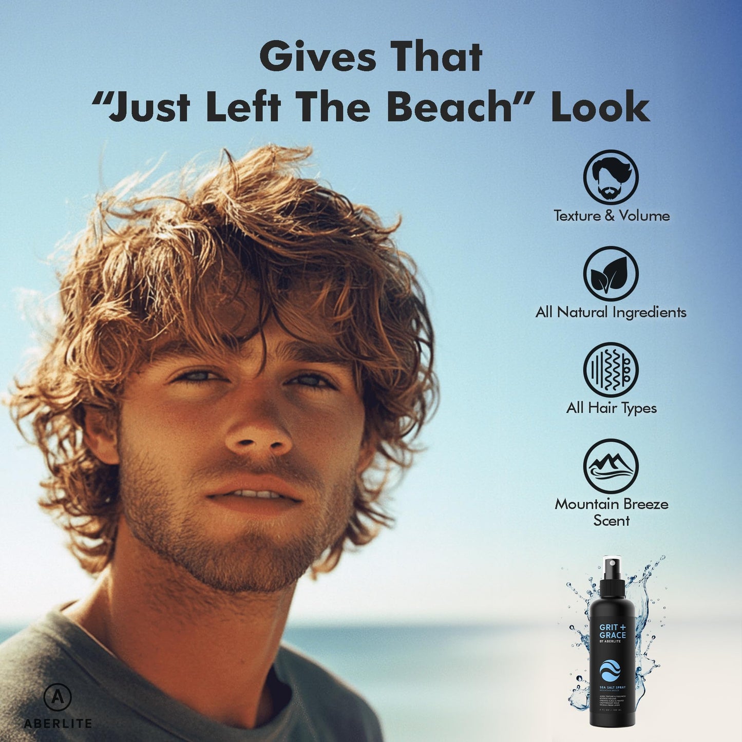 Aberlite Grit+Grace Sea Salt Spray for Men & Women – Texturizing Hair Spray for Beach Waves, Curly & Wavy Hair Styling, 6 fl oz