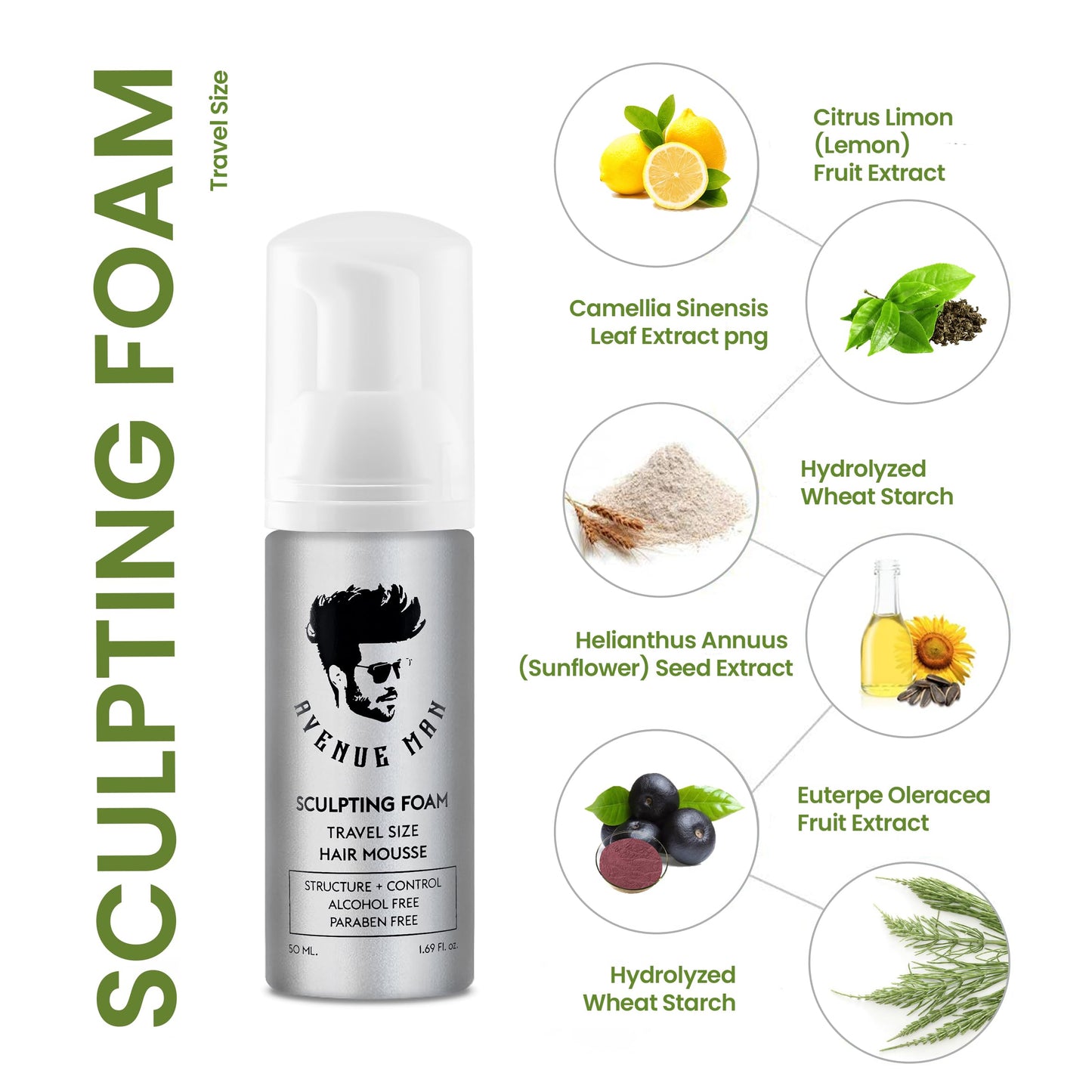 Avenue Man Sculpting Foam for Men - Travel Size (1.69 oz) - Firm Hold Volumizing Hair Mousse with Herbal Extracts Styling Products - Alcohol Free