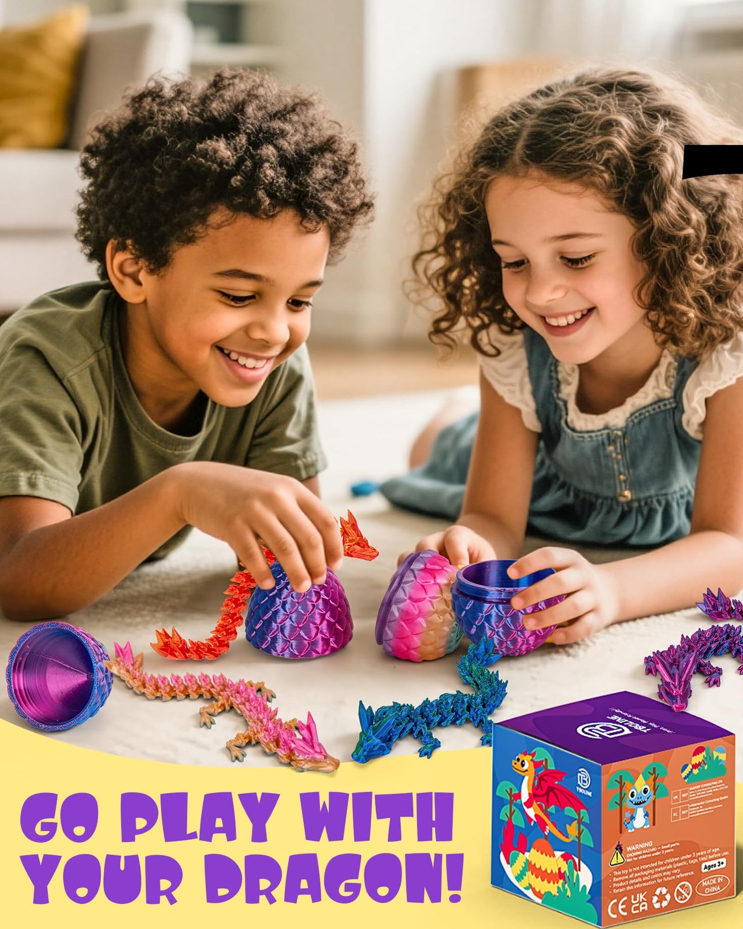 TBOLINE 4PCS 3D Printed Dragon & Dinosaur Eggs, Articulated Crystal Animal Fidget Toys for Kids, Easter Gifts for Boys & Girls