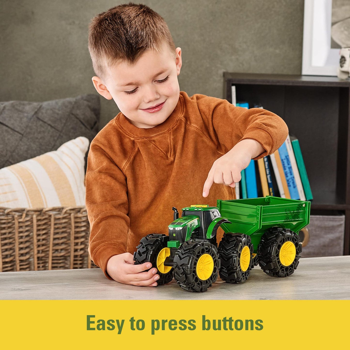 TOMY Monster Treads - John Deere Tractor Toy and Wagon - Includes Lights, Sounds, and Monster Truck Tires - John Deere Farm Toys - Ages 3 Years and Up