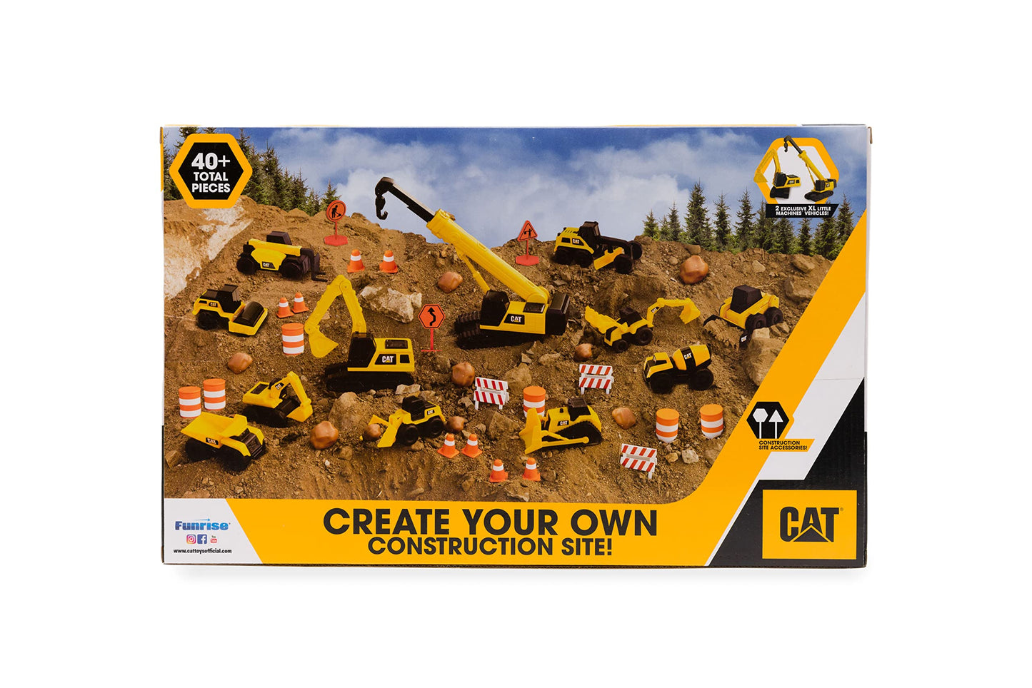 CAT Construction Toys Little Machines Mega Set – 40+ Pieces with XL Crane, Excavator, 10 Mini Vehicles & Accessories, STEM Toy Ages 3+
