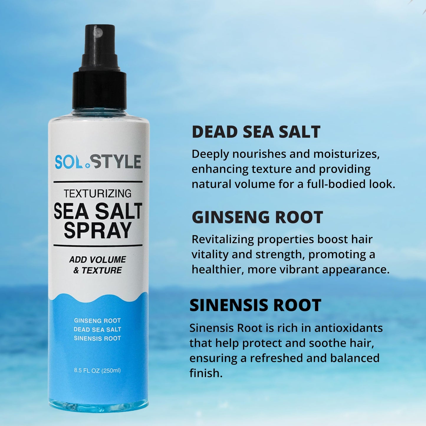 Sol Style Sea Salt Spray – Volumizing & Texturizing Hair Mist with Dead Sea Salt & Ginseng Root for Strong, Healthy Beach Waves, 8.5 oz