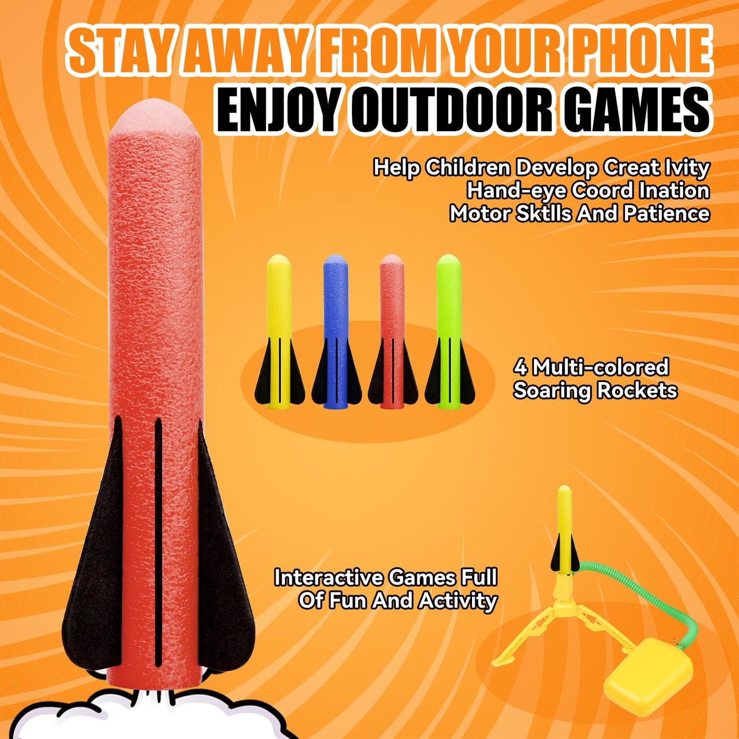 Hopture Rocket Launcher Power Air Toy Set with 10 Multi-Color Foam Rockets Launch Pad, Outdoor Activity Game