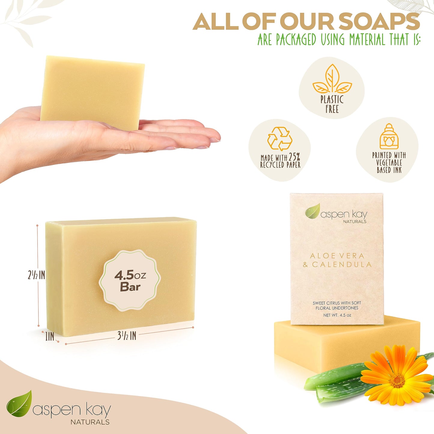 Aloe Vera & Calendula Soap Bar – Natural & Organic Face & Body Cleanser with Turmeric – Gentle, Hydrating Wash for Men, Women & Teens, 4.5 oz