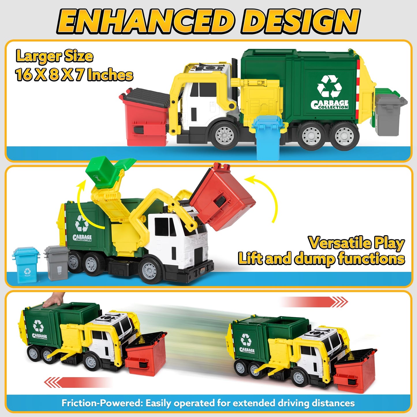 JOYIN Large Friction Garbage Truck Toy Set with Dumpster, Trash Bins & Learning Cards – Toddler Boys & Girls Birthday & Christmas Gift