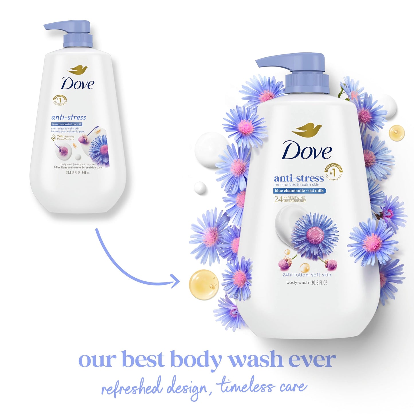 Dove Anti-Stress Body Wash with Pump – Blue Chamomile & Oat Milk, 24hr Moisturizing Cleanser, Sulfate & Paraben Free, 30.6 oz
