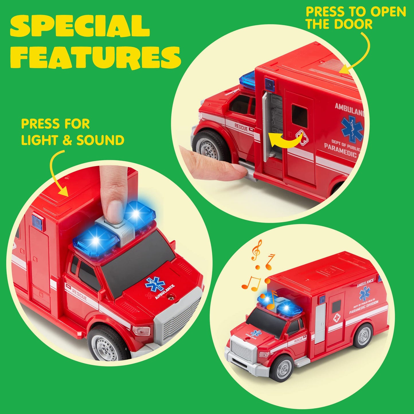JOYIN 4-Pc 7" Vehicle Toy Set for Toddlers with Lights & Siren – Police Car, School Bus, Garbage Truck, Ambulance – Birthday Gift for Boys 3-5