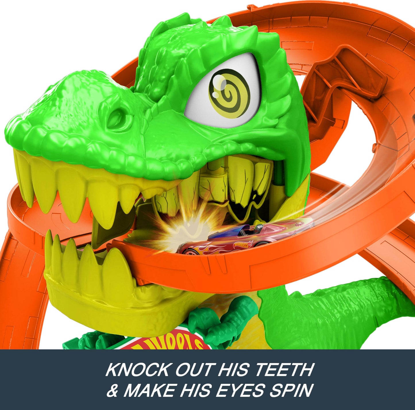 Hot Wheels Toy Car Track Set, City T-Rex Blaze Battle Playset & 1:64 Scale Die-Cast Vehicle, 18” Tall, Multiple Race Outcomes, Spinning Dinosaur Eyes