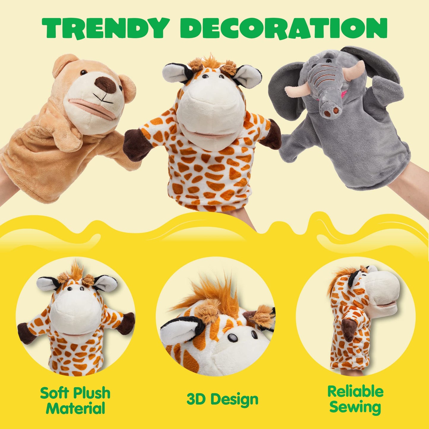 JOYIN 6Pcs Animal Hand Puppet Set with Moving Mouths – Elephant, Giraffe, Lion, Bear, Raccoon & Monkey Plush Toys for Kids Age 3+