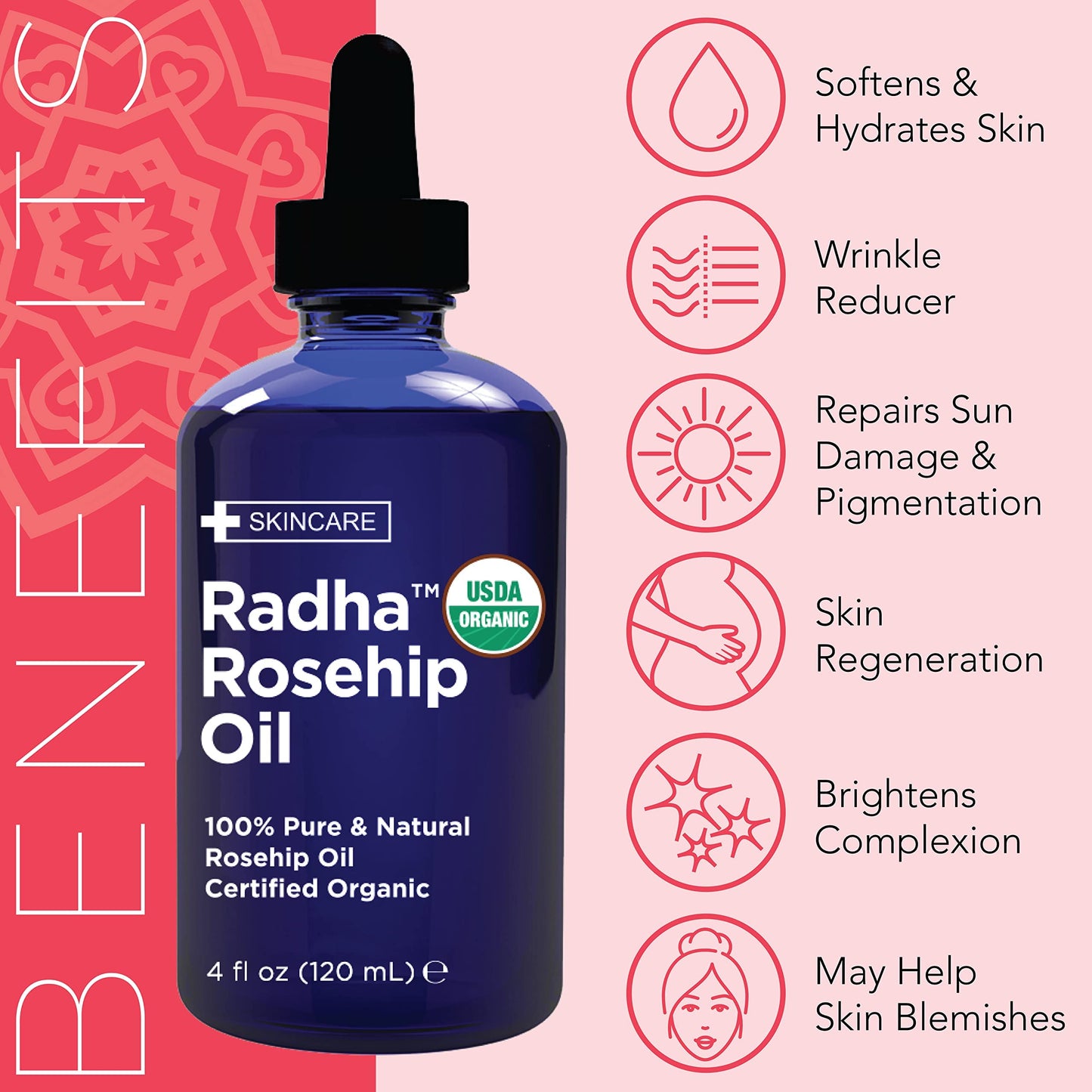 Radha Beauty Organic Rosehip Seed Oil 4 oz – 100% Pure Cold Pressed Carrier Oil for Face, Hair, Skin & Nails – Hydrating & Nourishing