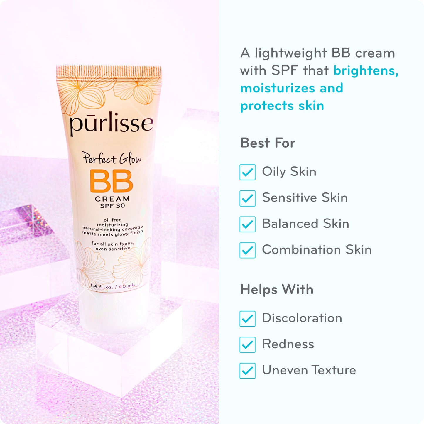 pūrlisse Perfect Glow BB Cream SPF 30 – Matte-Dewy Finish with Goji & Hawthorn Berry for Radiance & Smooth Skin, Light 1.4 oz