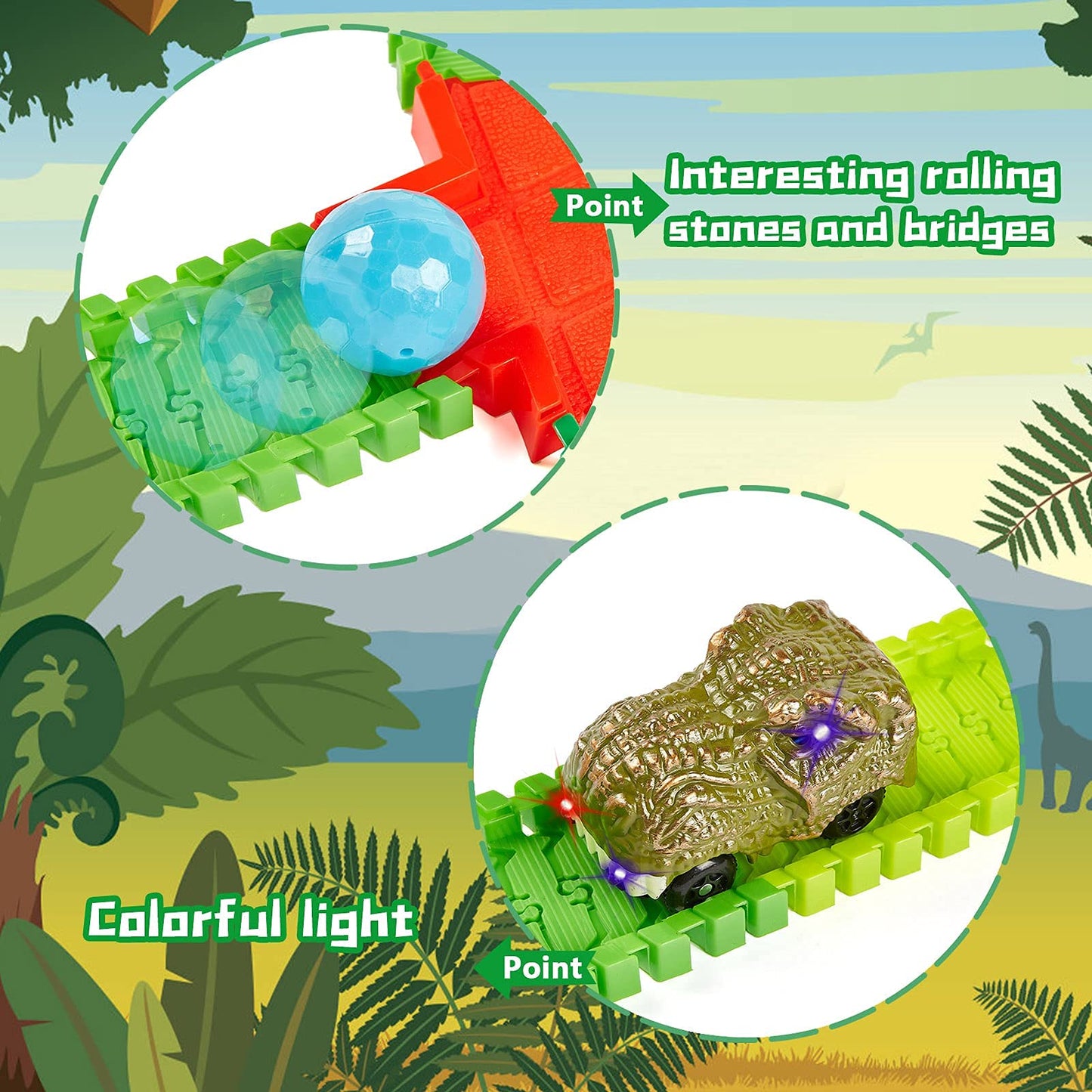 BEMITON Dinosaur Race Car Track Set – Flexible Dino Road Adventure Toys for Boys & Girls Ages 3-7, Perfect Christmas & Birthday Gift