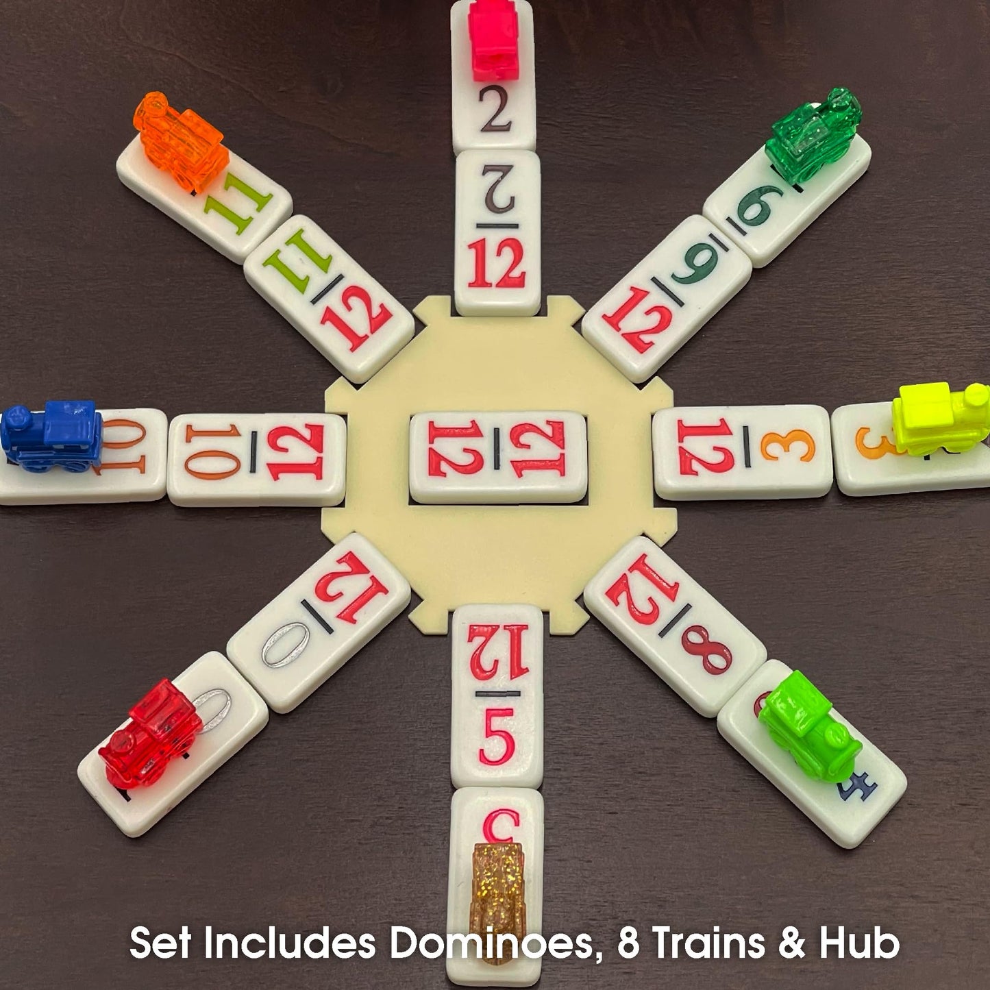 CHH Double 12 Mexican Train Number Dominoes – Travel Size with Zip Up Case, Hub & 8 Domino Trains – 91 Fun Size Numbered Dominoes