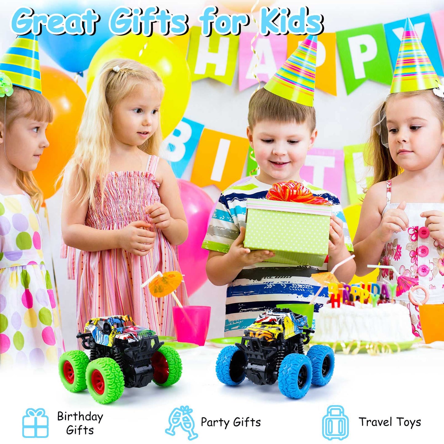 M SANMERSEN Monster Truck Toys for Toddlers 2-4, Friction Push & Go 360° Stunt Cars, 2-Pack Blue & Green Gift Set for Boys & Girls