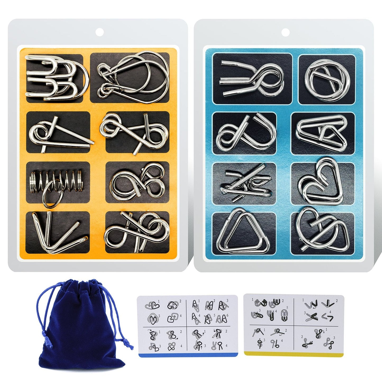 Metal Wire Puzzle 16-Piece Set with Pouch – IQ Test Brain Teaser Disentanglement Chinese Ring Fidget Toy for Kids & Adults – Portable Party Favor