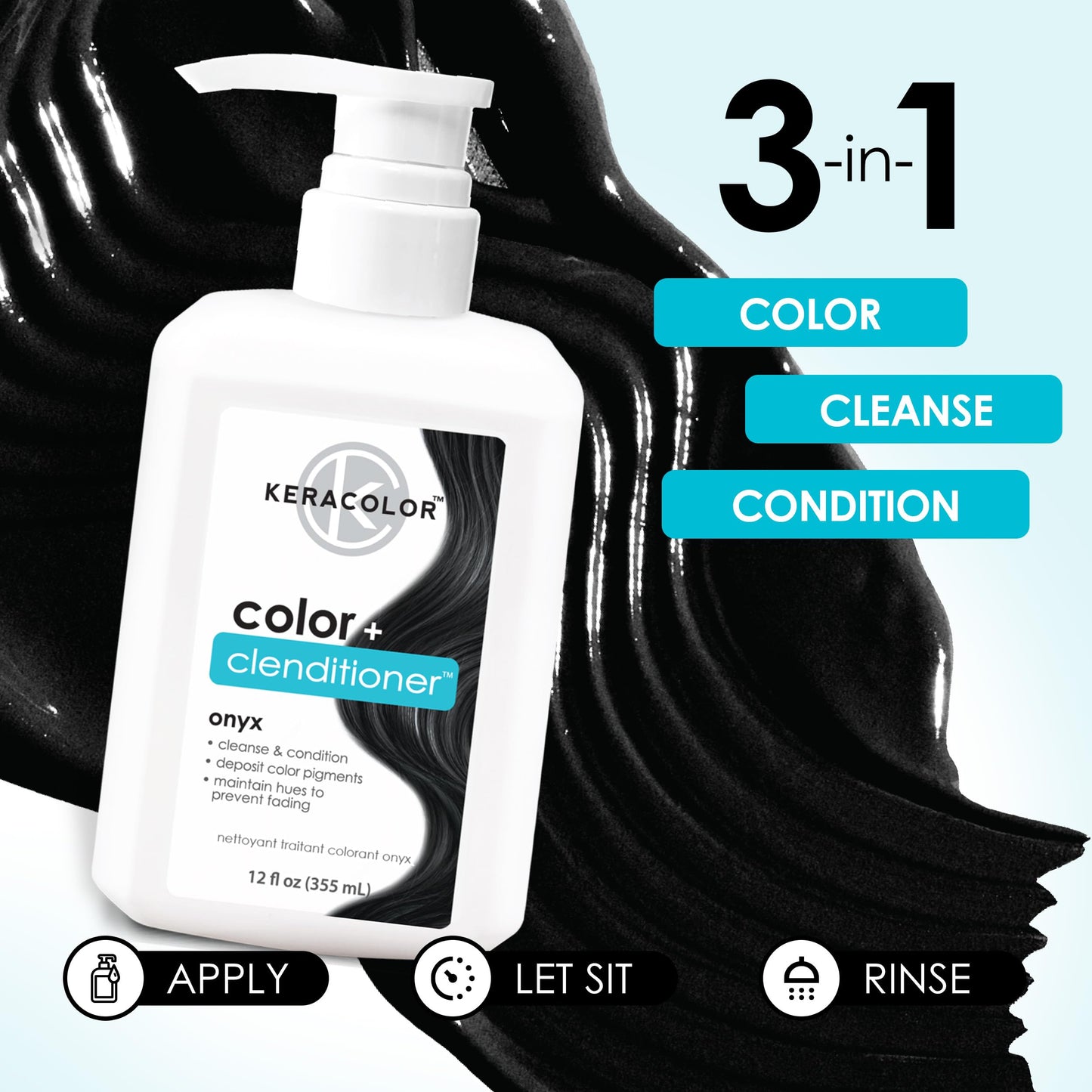 Keracolor Color + Clenditioner 3-in-1 Color-Depositing Conditioner, Gently Cleanses & Conditions, Semi-Permanent Onyx Hair Color, 12 Fl Oz
