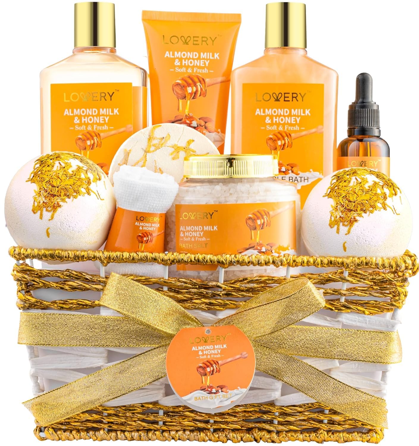 10-Pc Almond Milk & Honey Gift Basket for Women โ Spa, Bath & Self-Care Set, Relaxing Pampering Kit for Birthday, Mom, Anniversary