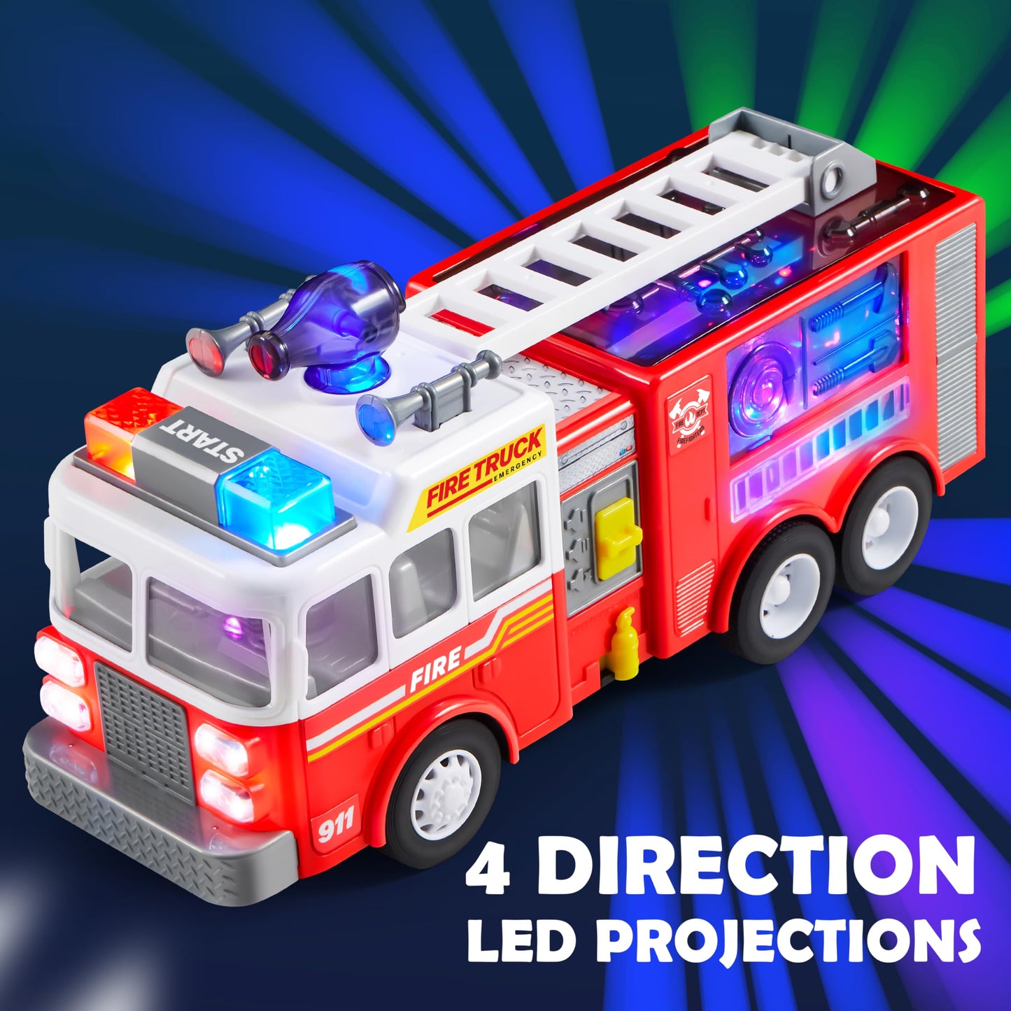 JOYIN LED Fire Truck Toy for Toddlers – Bump & Go Fire Engine with LED Lights, Sirens, Mode Switch & Volume Control, Boys & Girls Gift