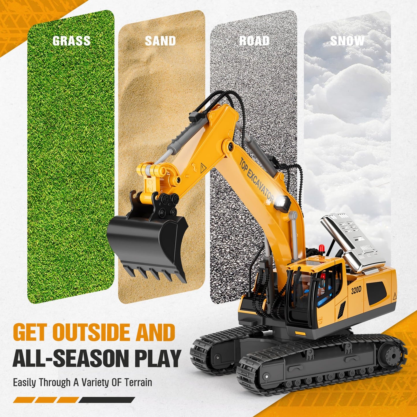 Remote Control Excavator Toy for Kids – 2×1200mAh RC Truck with Metal Shovel, Lights, 11CH, 120+ Min Play, Ages 3-12, Birthday & Christmas Gift